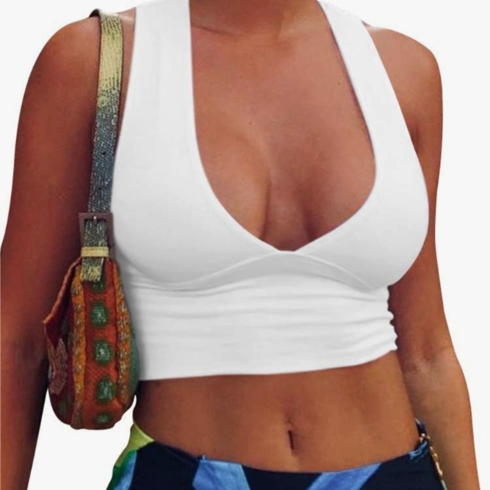 White Deep V Neck Crop Top